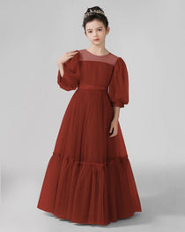 Dideyttawl Girls Formal Dress with Puff Sleeves and Tiered Tulle Skirt