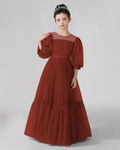 Burgundy Tulle A-line Girls Formal Dress Front View