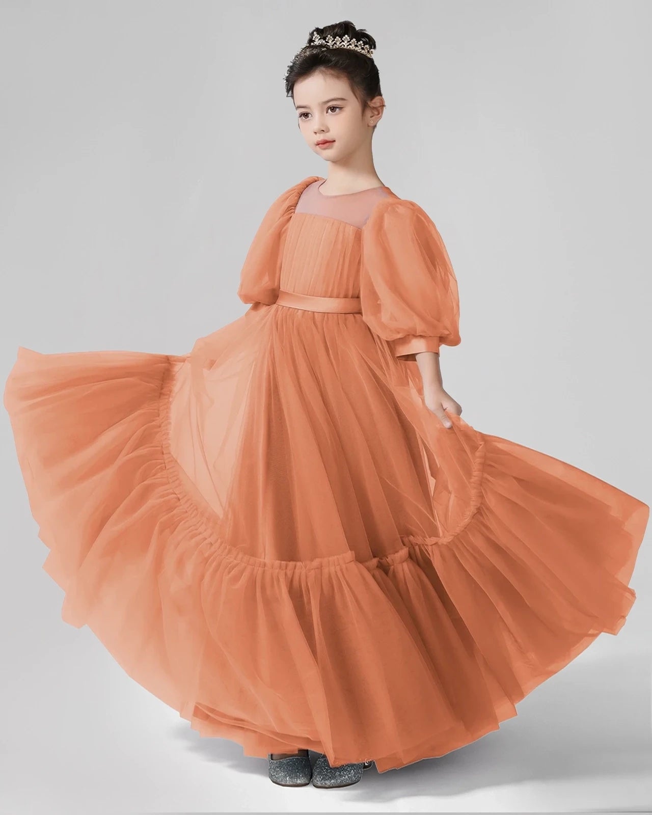 Burnt Orange Tulle A-line Girls Formal Dress Front View