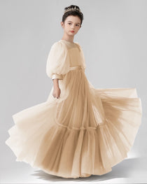Dideyttawl Girls Formal Dress with Puff Sleeves and Tiered Tulle Skirt
