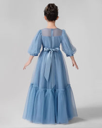 Dideyttawl Girls Formal Dress with Puff Sleeves and Tiered Tulle Skirt