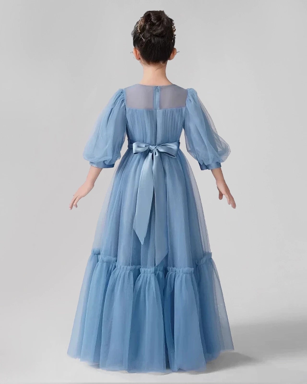 Dideyttawl Girls Formal Dress with Puff Sleeves and Tiered Tulle Skirt