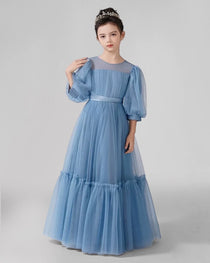 Dideyttawl Girls Formal Dress with Puff Sleeves and Tiered Tulle Skirt
