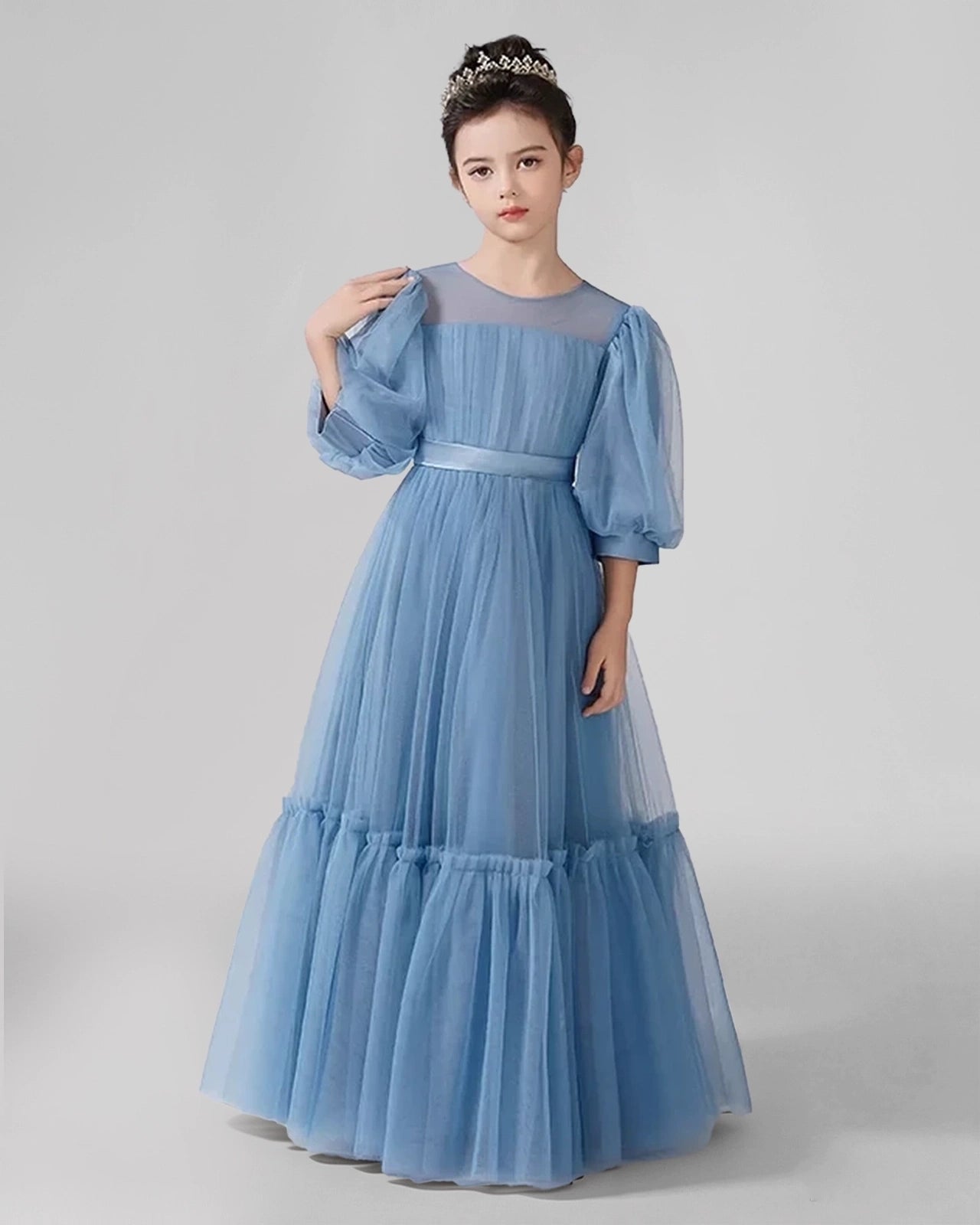 Dideyttawl Girls Formal Dress with Puff Sleeves and Tiered Tulle Skirt