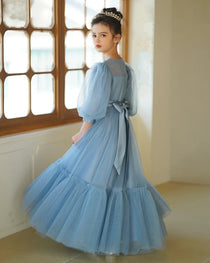 Dideyttawl Girls Formal Dress with Puff Sleeves and Tiered Tulle Skirt