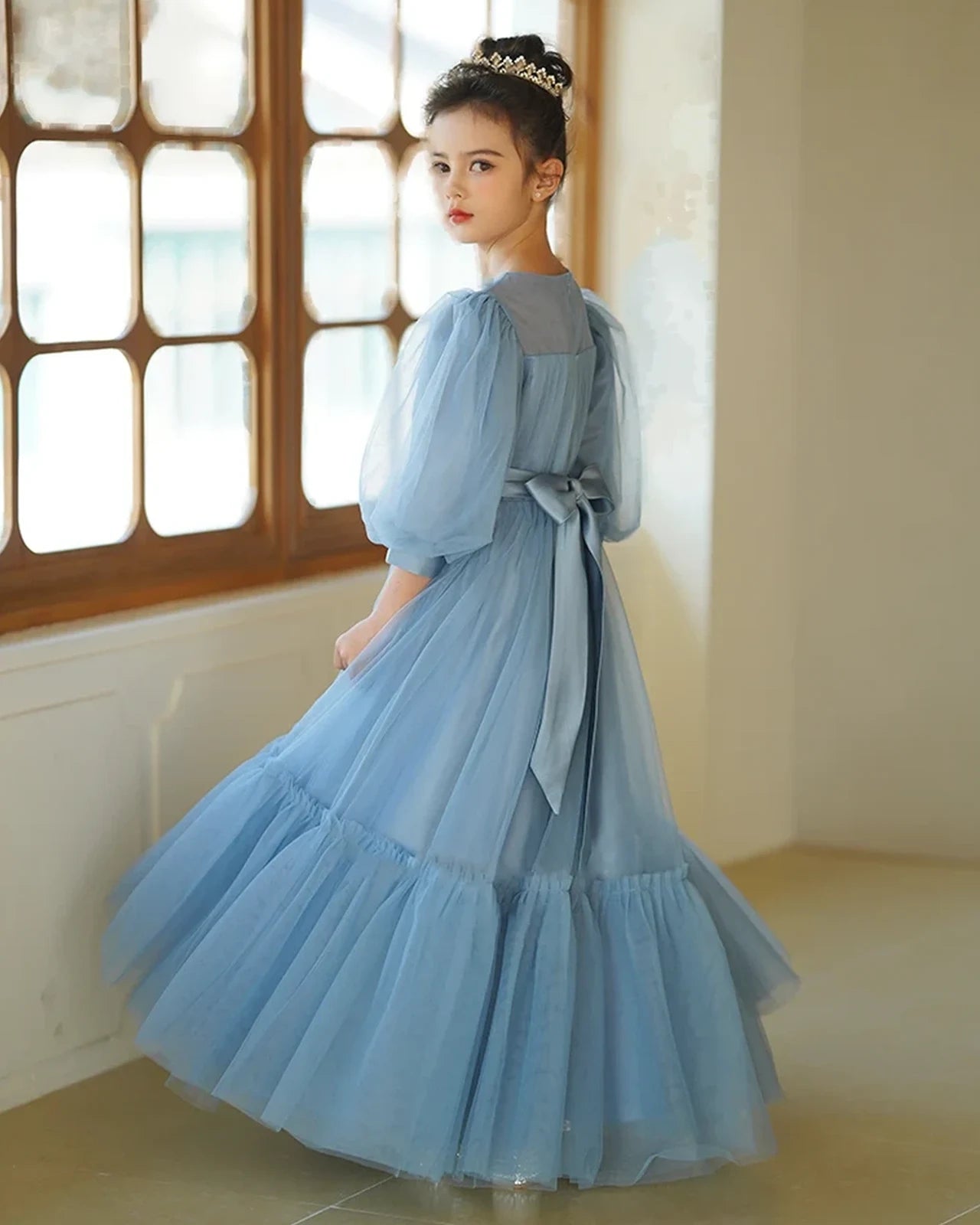 Dideyttawl Girls Formal Dress with Puff Sleeves and Tiered Tulle Skirt