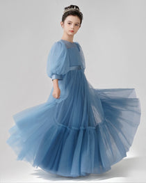 Dideyttawl Girls Formal Dress with Puff Sleeves and Tiered Tulle Skirt
