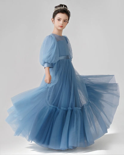 Dusty Blue Tulle A-line Girls Formal Dress Side View