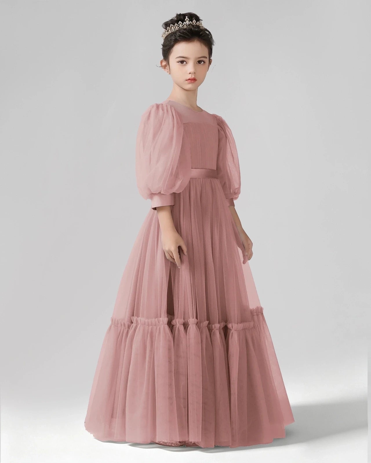 Dusty Rose Tulle A-line Girls Formal Dress Side View