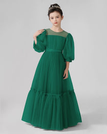 Dideyttawl Girls Formal Dress with Puff Sleeves and Tiered Tulle Skirt