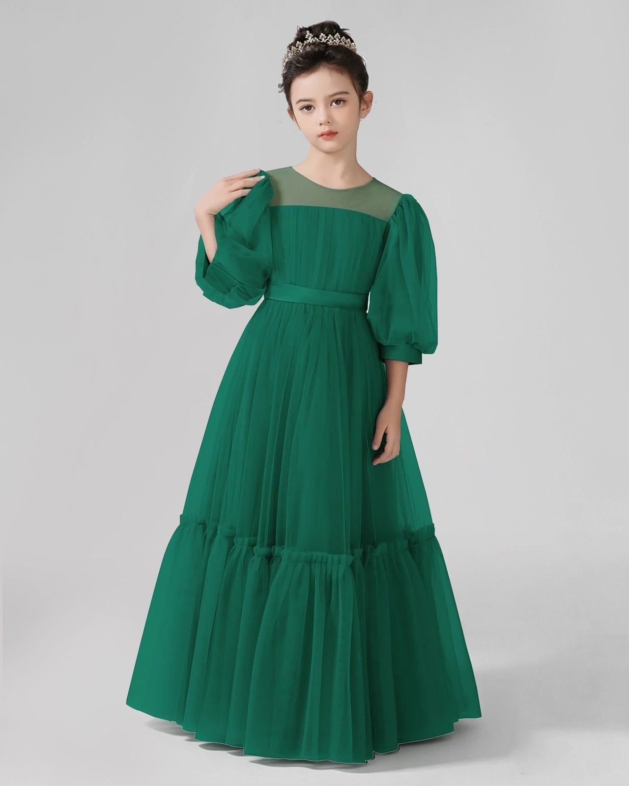 Dideyttawl Girls Formal Dress with Puff Sleeves and Tiered Tulle Skirt