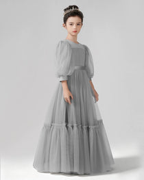 Dideyttawl Girls Formal Dress with Puff Sleeves and Tiered Tulle Skirt