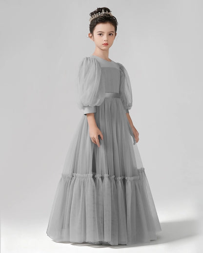 Grey Tulle A-line Girls Formal Dress Side View