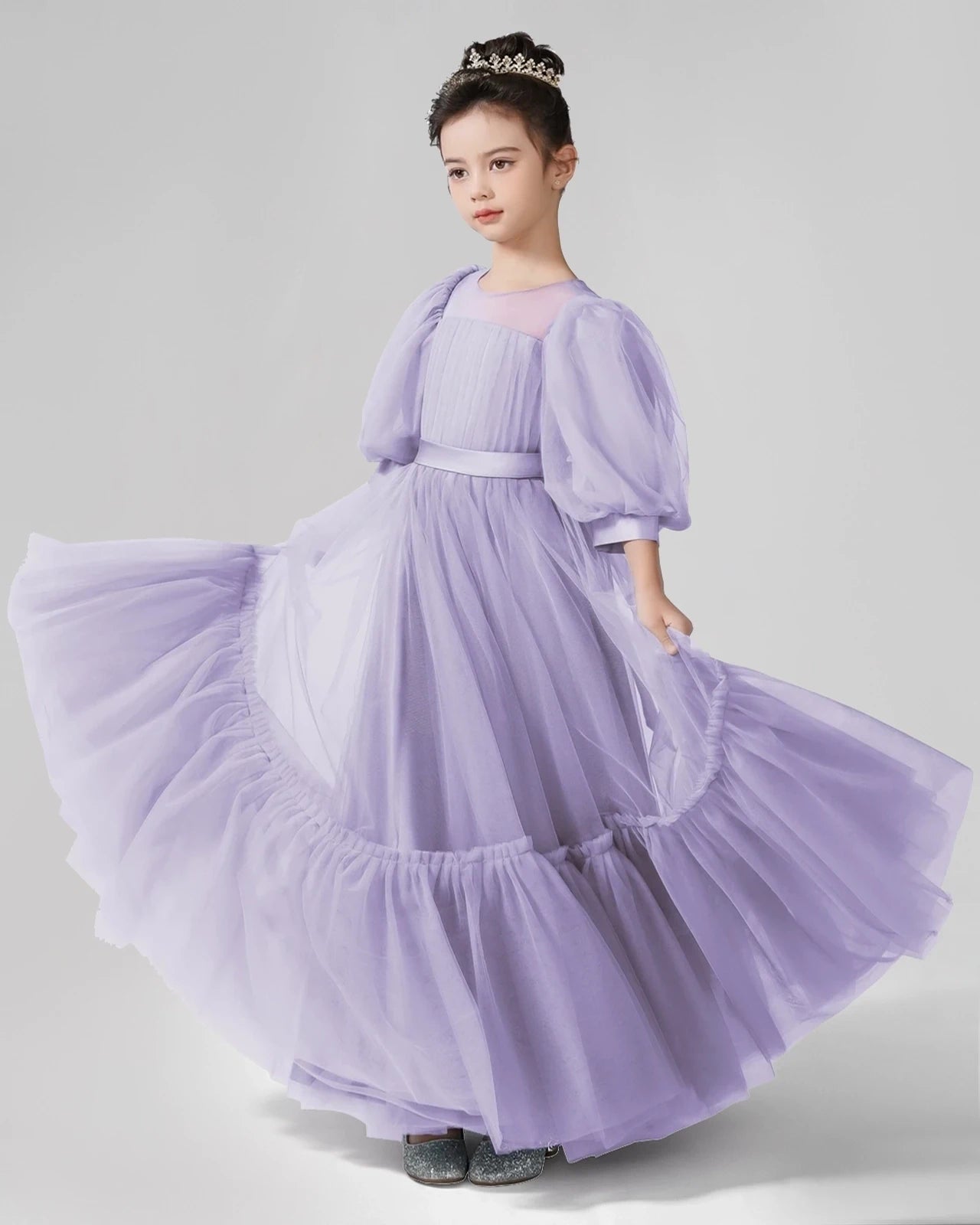 Dideyttawl Girls Formal Dress with Puff Sleeves and Tiered Tulle Skirt