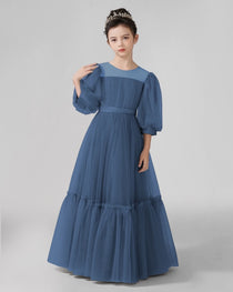 Dideyttawl Girls Formal Dress with Puff Sleeves and Tiered Tulle Skirt