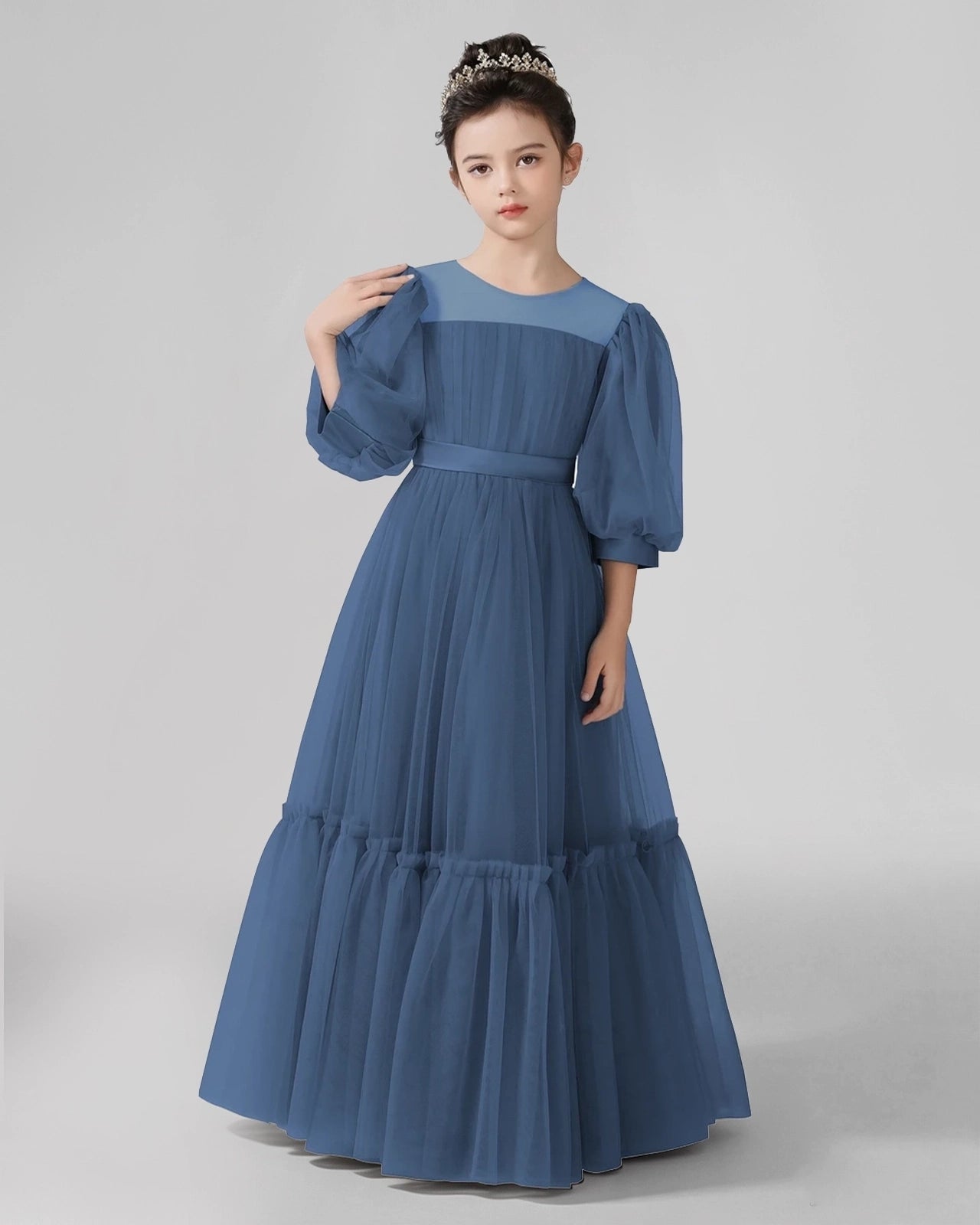 Dideyttawl Girls Formal Dress with Puff Sleeves and Tiered Tulle Skirt
