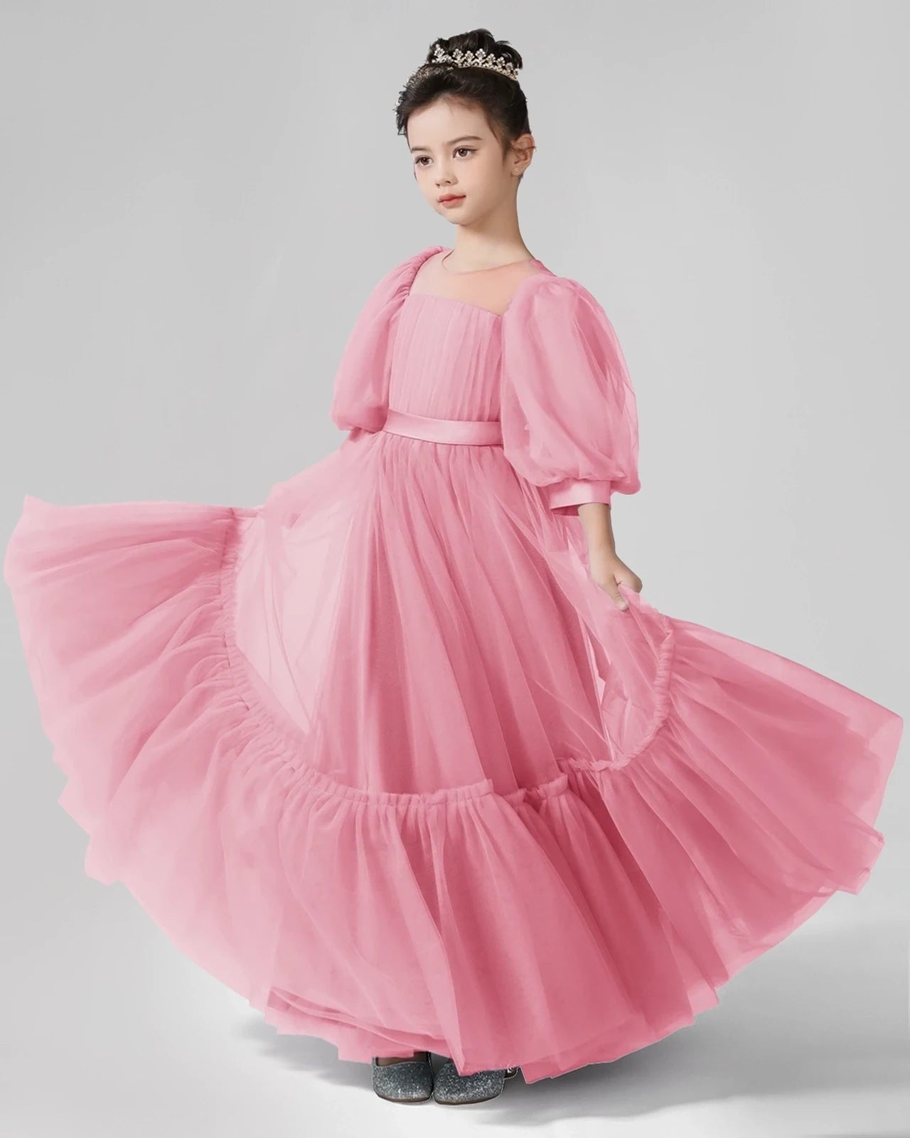 Dideyttawl Girls Formal Dress with Puff Sleeves and Tiered Tulle Skirt