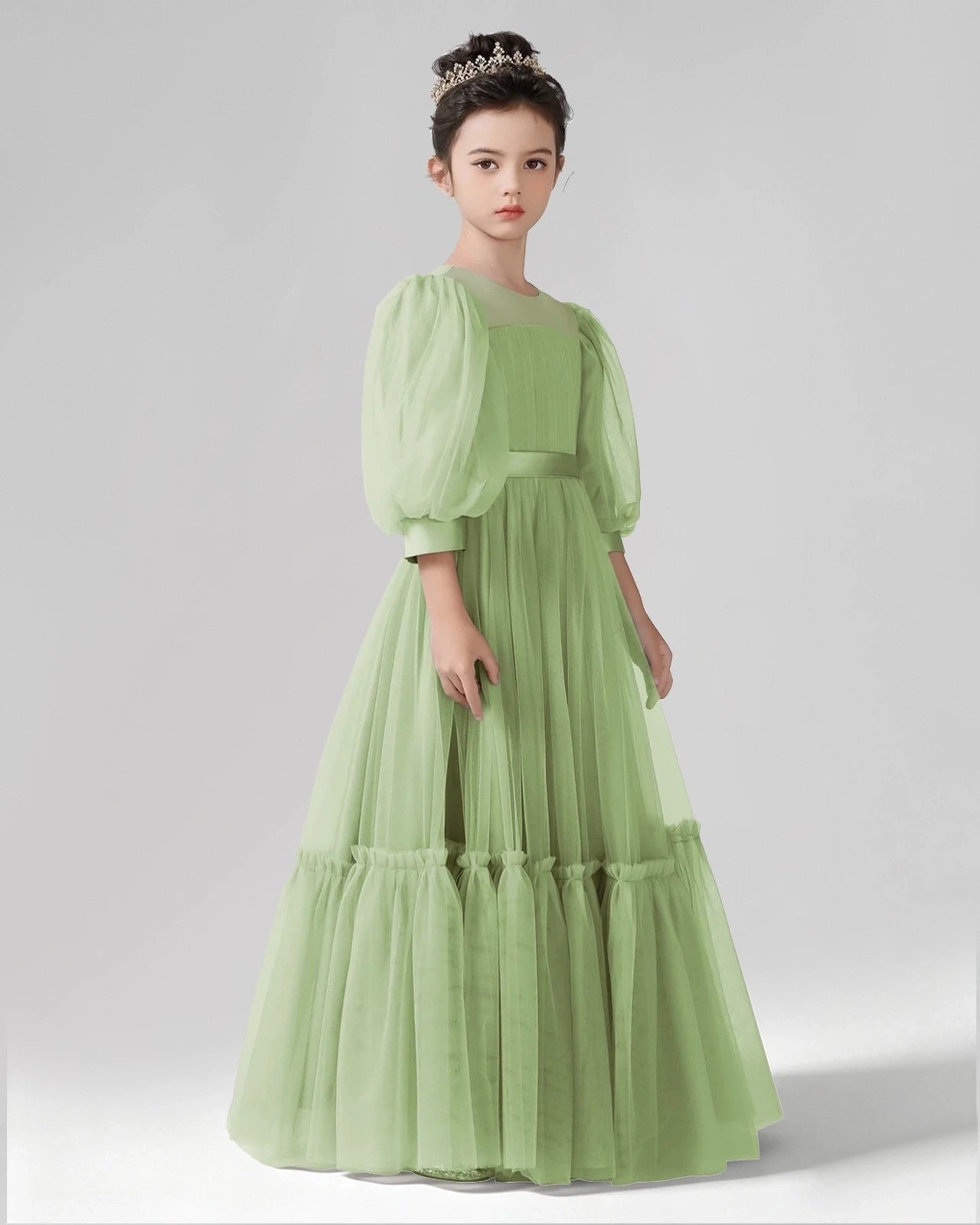 Dideyttawl Girls Formal Dress with Puff Sleeves and Tiered Tulle Skirt Main image