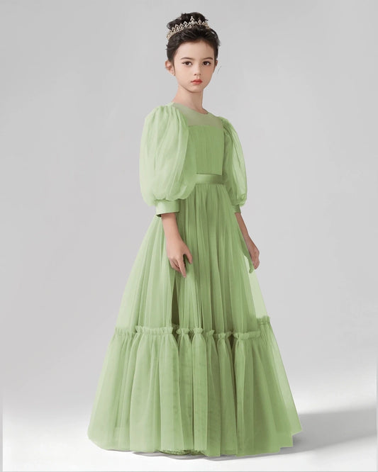 Sage Green Tulle A-line Girls Formal Dress Side View