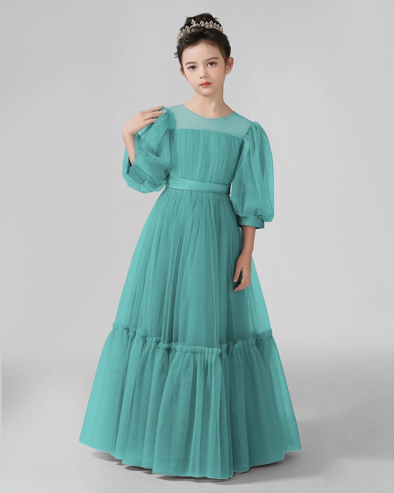 Dideyttawl Girls Formal Dress with Puff Sleeves and Tiered Tulle Skirt
