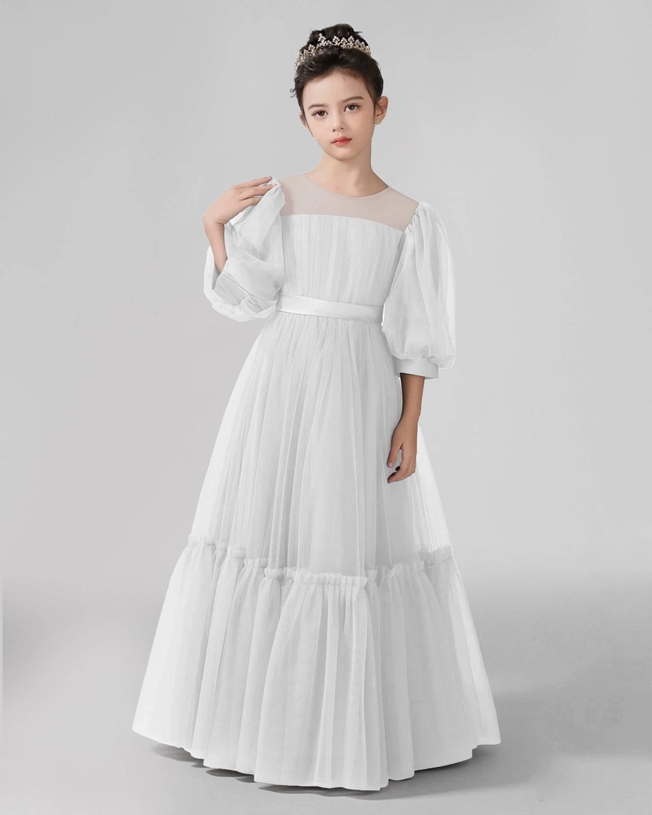 Dideyttawl Girls Formal Dress with Puff Sleeves and Tiered Tulle Skirt