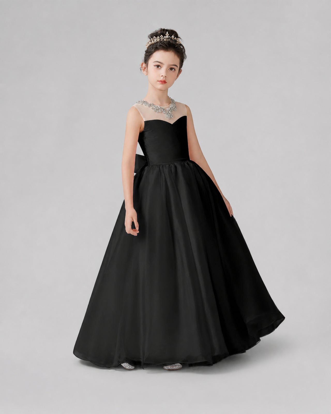 Black organza ball gown girls formal dresses front view