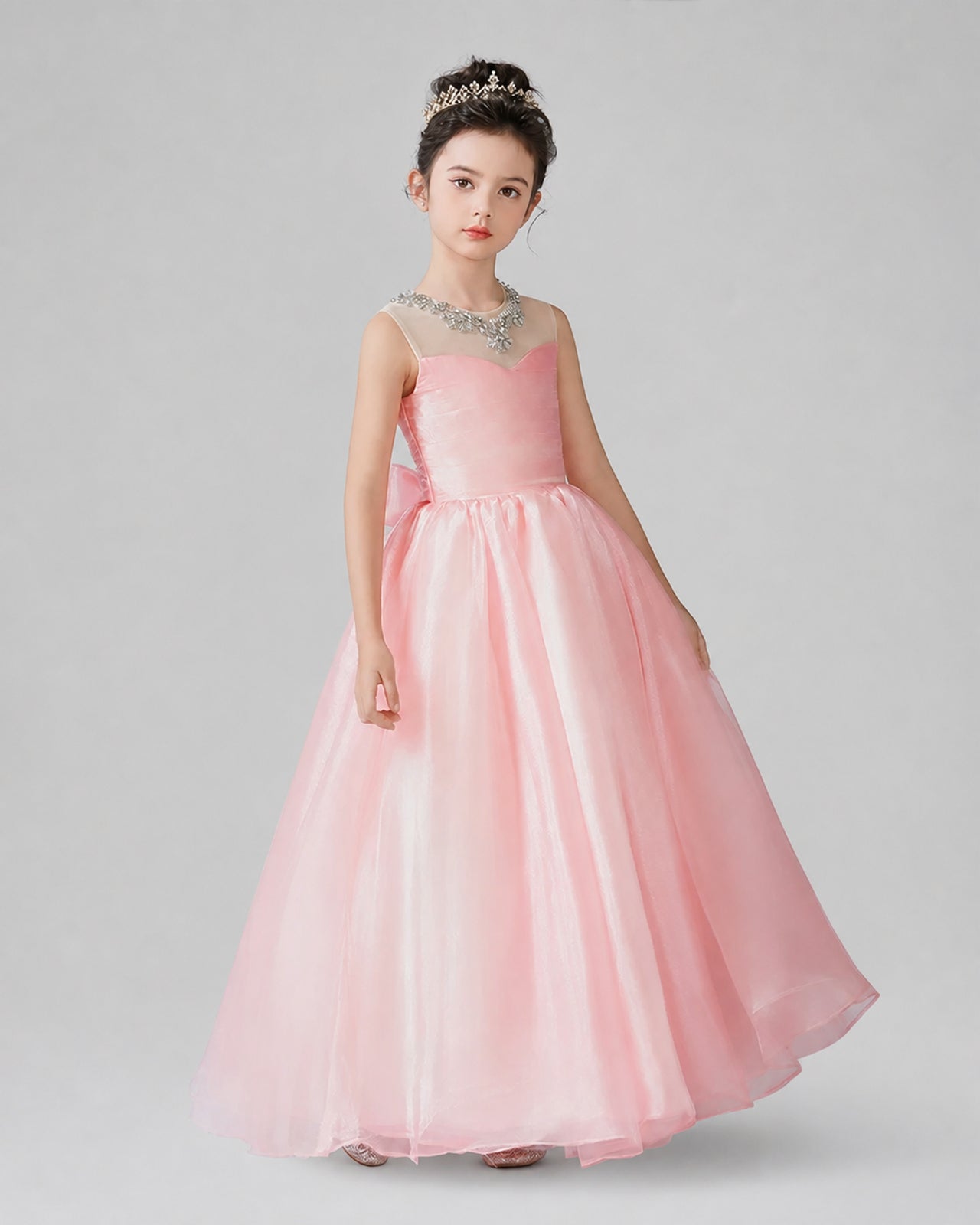 Pink Organza Ball Gown Girls Formal Dresses Front View