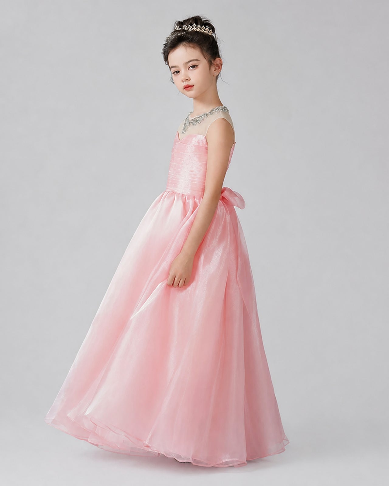Pink Organza A-Line Girls Formal Dresses Side View