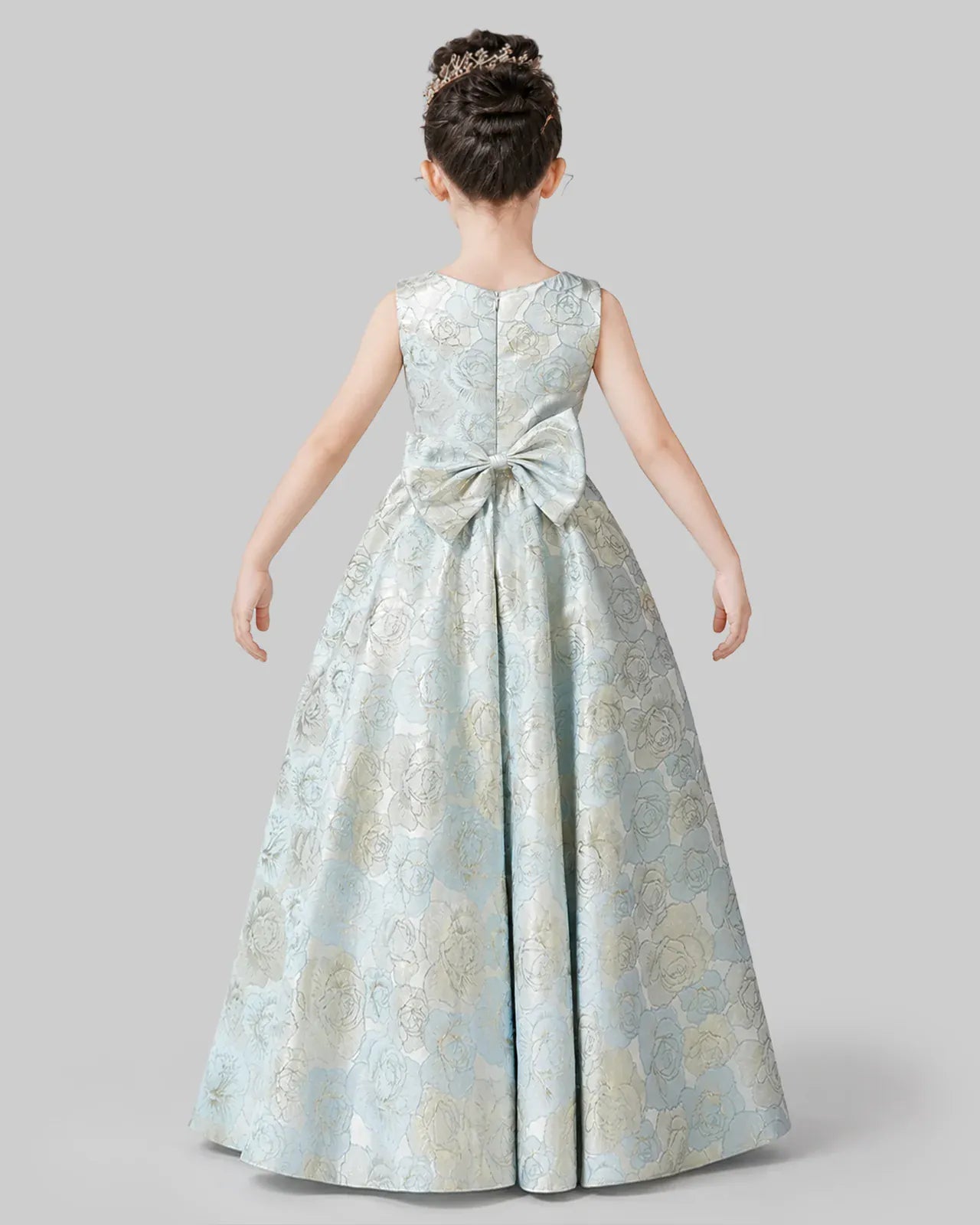 Baby Blue Satin Floral A-Line Girls Formal Dresses Back View