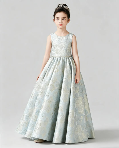 Baby Blue Satin Floral A-Line Girls Formal Dresses Front View