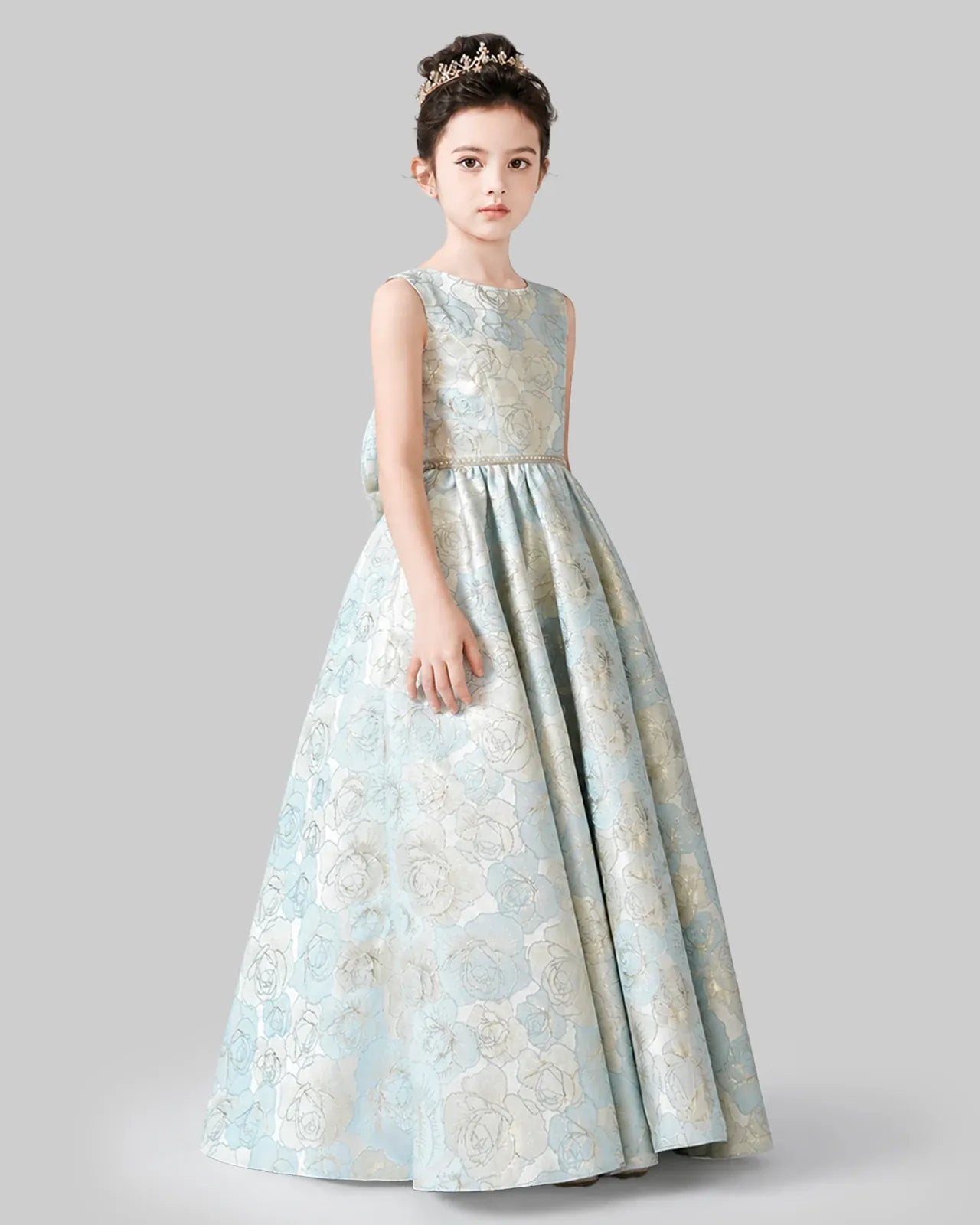 Baby Blue Jacquard Sleeveless Ball Gown Girls Formal Dresses Side View