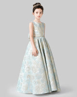 Baby Blue Jacquard Sleeveless Ball Gown Girls Formal Dresses Side View