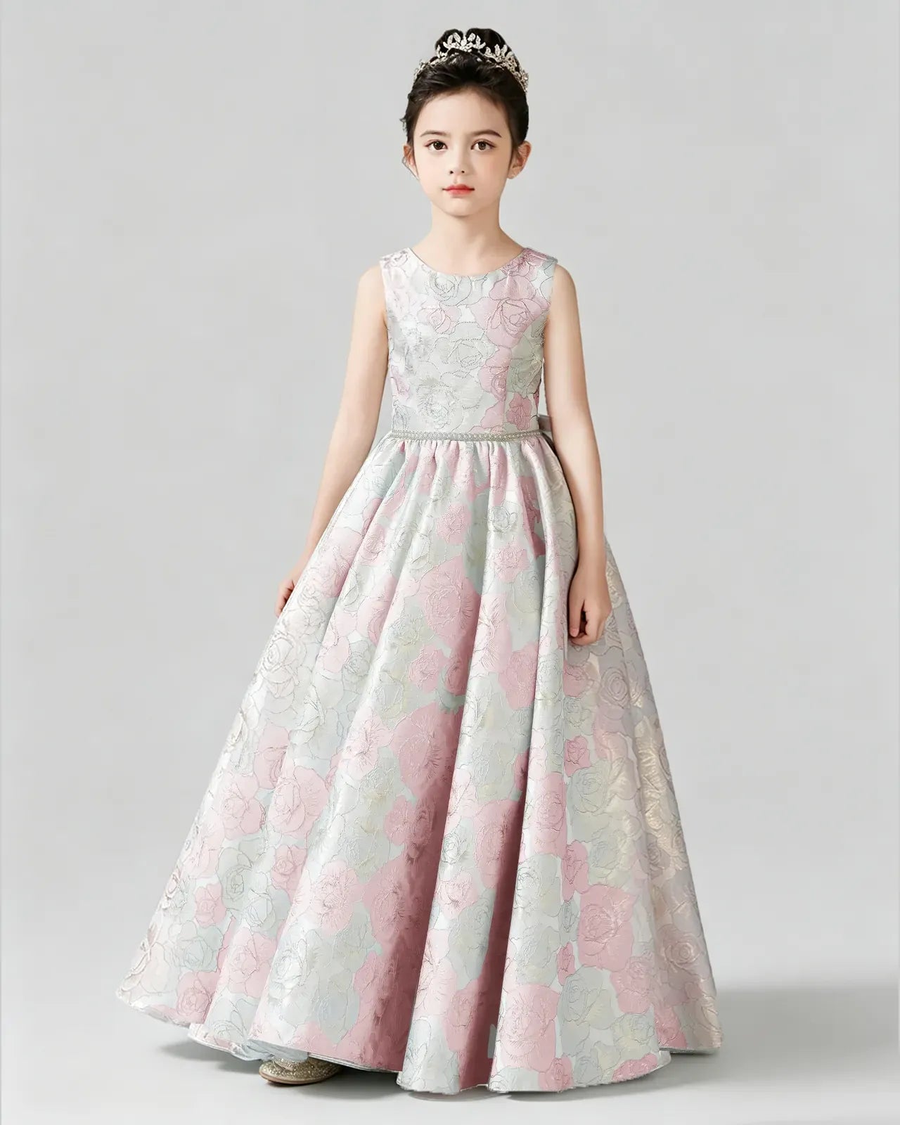Pink Satin Floral A-Line Girls Formal Dresses Front View