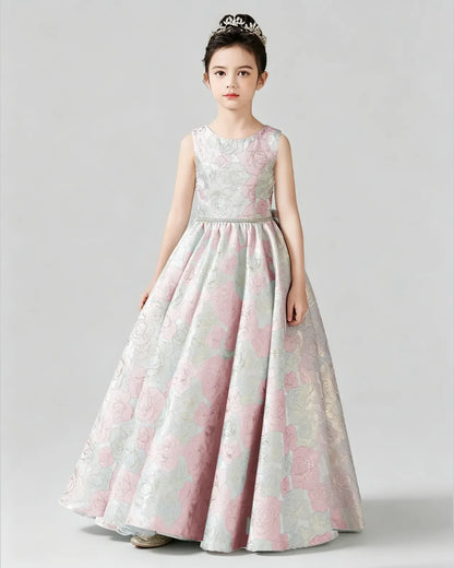 Pink Satin Floral A-Line Girls Formal Dresses Front View