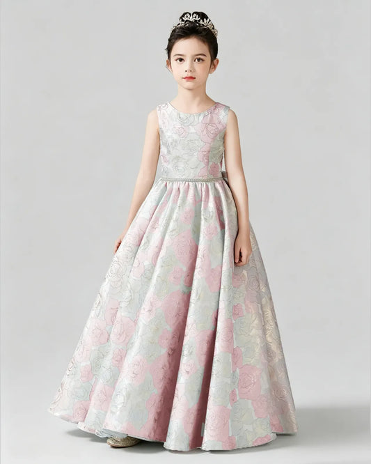 Dideyttawl Girls Formal Dress with Sleeveless Jacquard Bodice and Big Back Bow