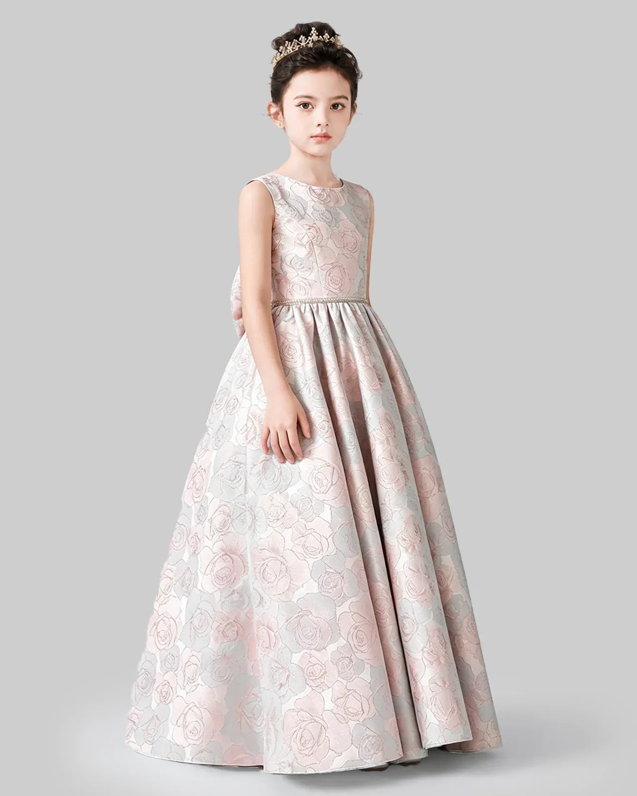 Pink Satin Floral A-Line Girls Formal Dresses Side View