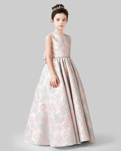 Pink Satin Floral A-Line Girls Formal Dresses Side View