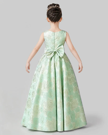 Sage Green Jacquard A-Line Girls Formal Dresses Back View