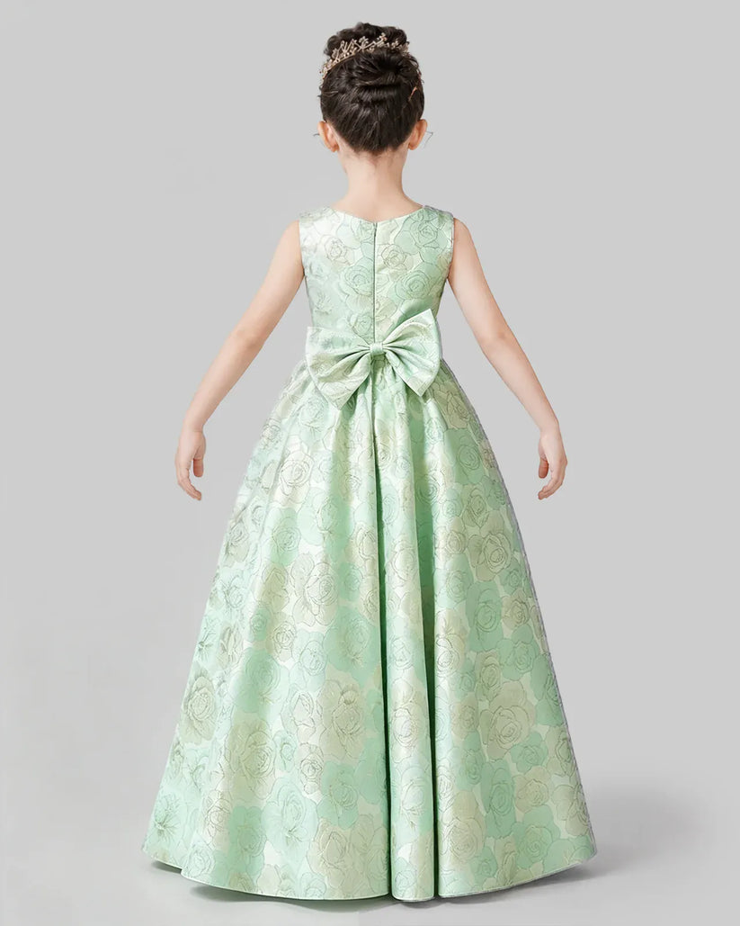 Sage Green Jacquard A-Line Girls Formal Dresses Back View