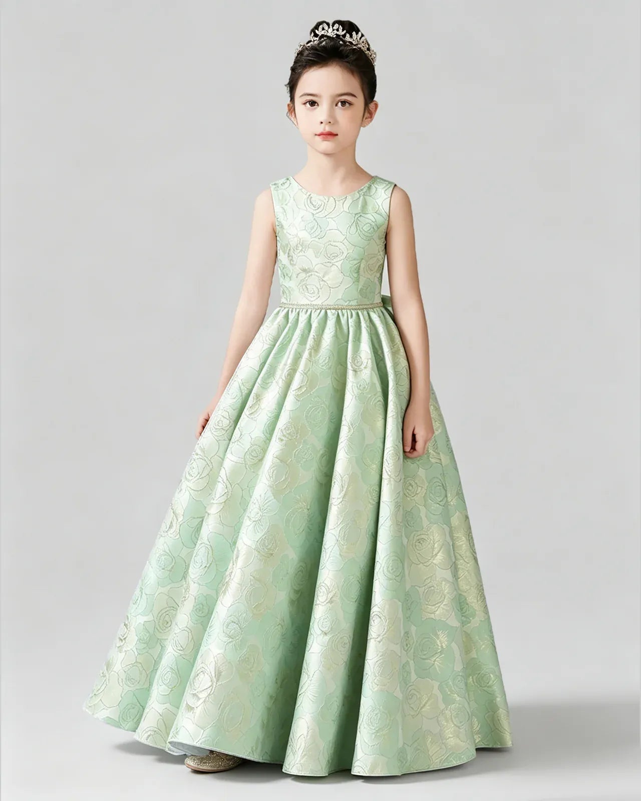 Sage Green Satin A-Line Girls Formal Dresses Front View