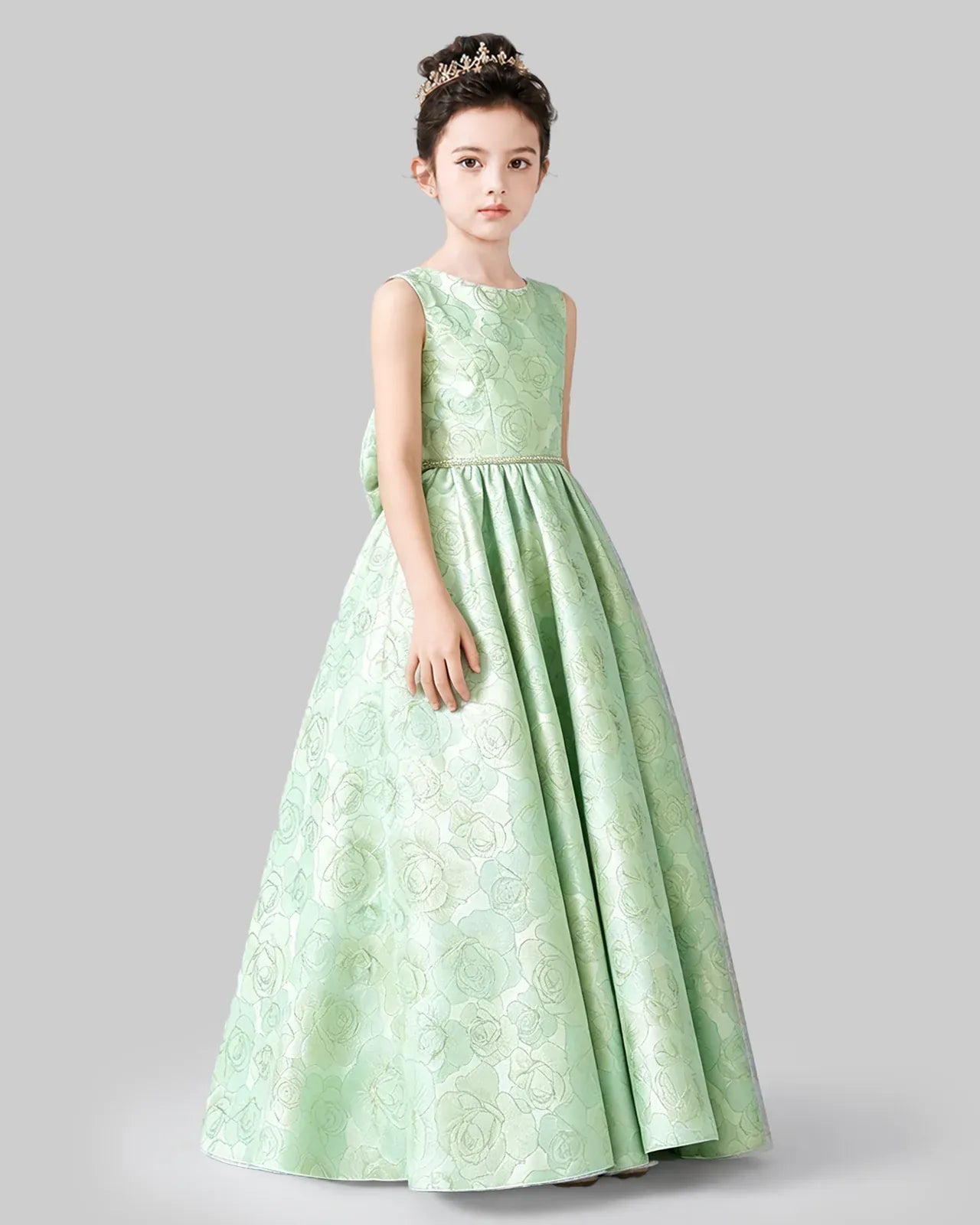 Sage green satin floral A-line girls formal dress, side view