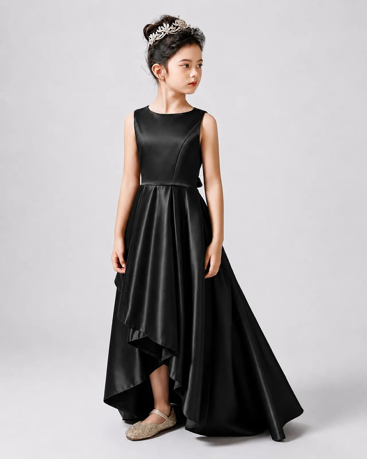Dideyttawl Satin Sleeveless Junior Bridesmaid High Low Ball Gown Bow Back, Ivory / 10