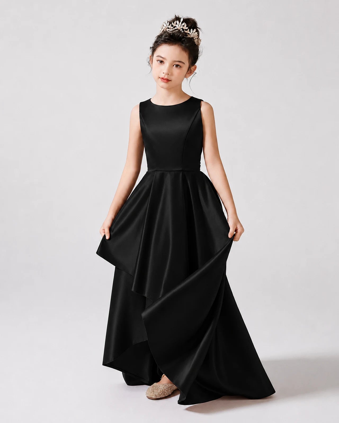 Dideyttawl Satin Sleeveless Junior Bridesmaid High Low Ball Gown Bow Back, Ivory / 10