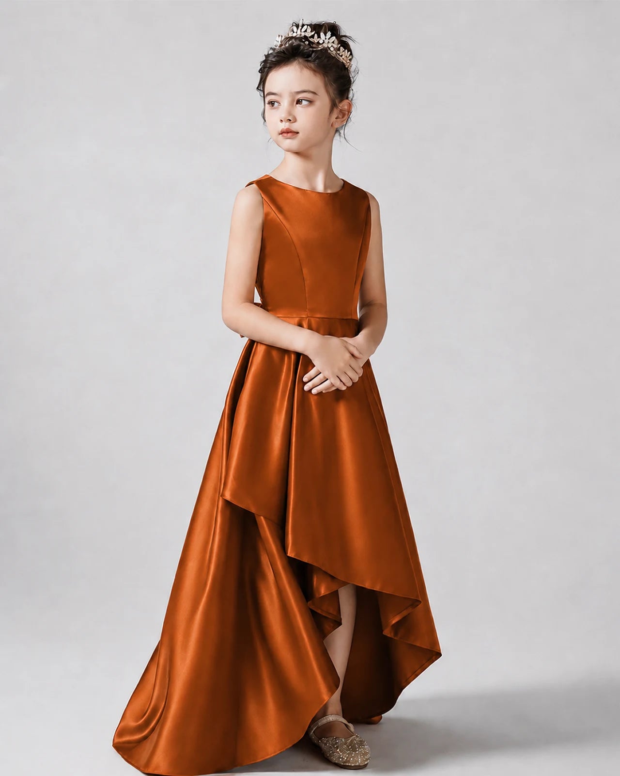 Burnt Orange Front Satin Flower Girls Dress