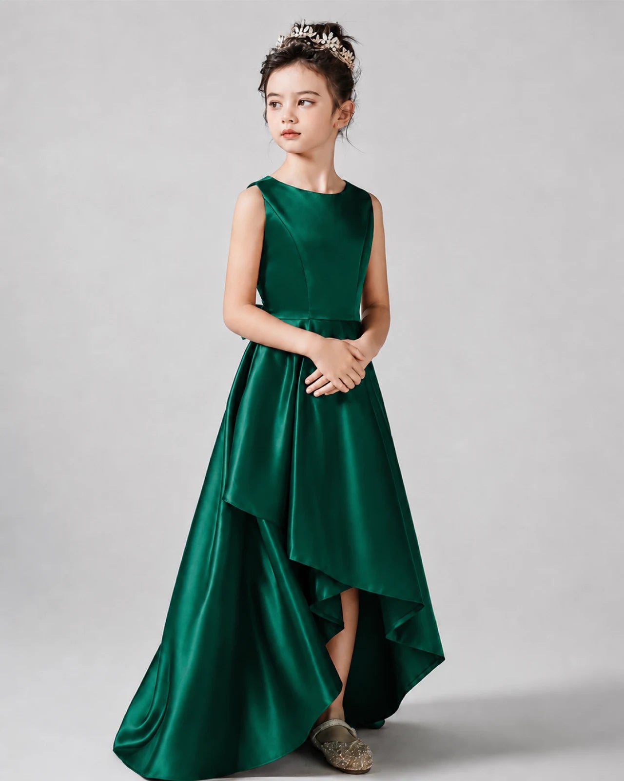 Dark Green Side Satin Flower Girls Dress