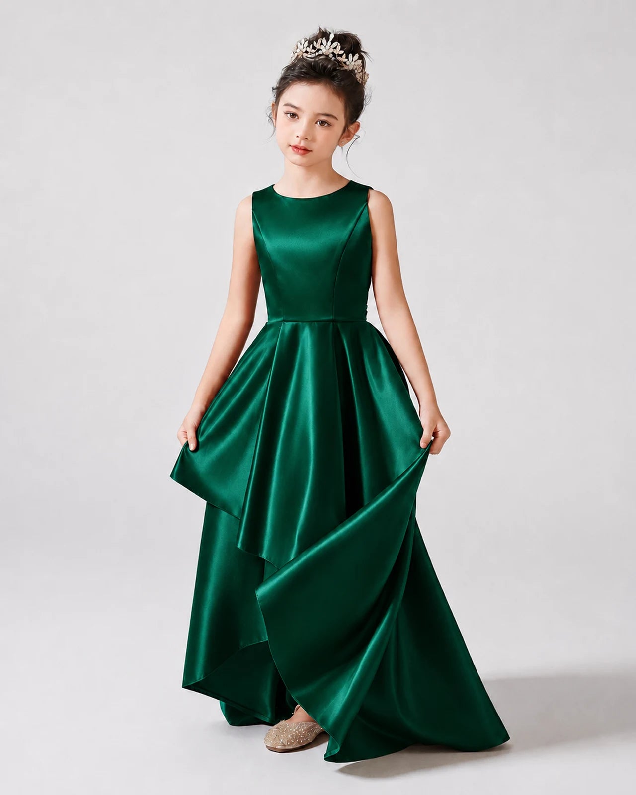 Dark Green Front Satin Flower Girls Dress
