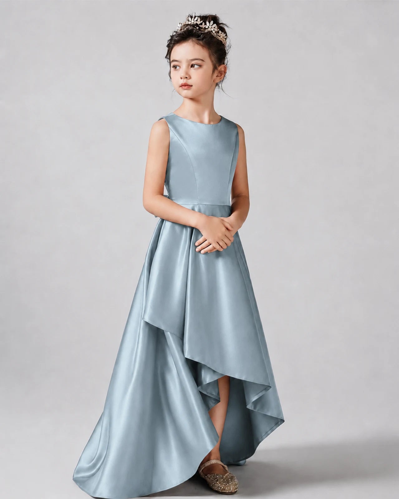 Dusty Blue Side Satin Flower Girls Dress