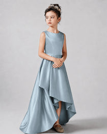 Dusty Blue Side Satin Flower Girls Dress
