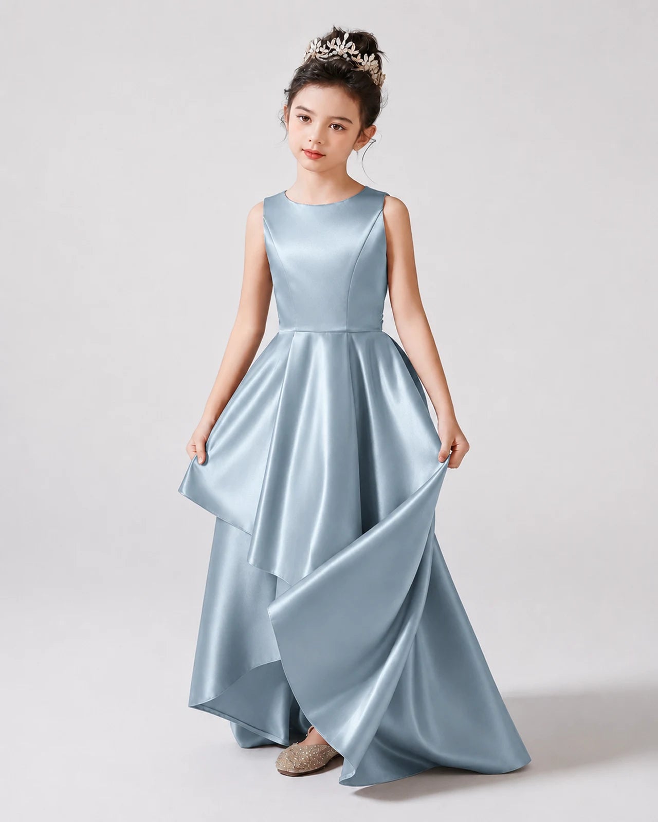 Dusty Blue Front Satin Flower Girls Dress