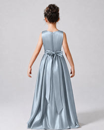 Dusty Blue Back Satin Flower Girls Dress